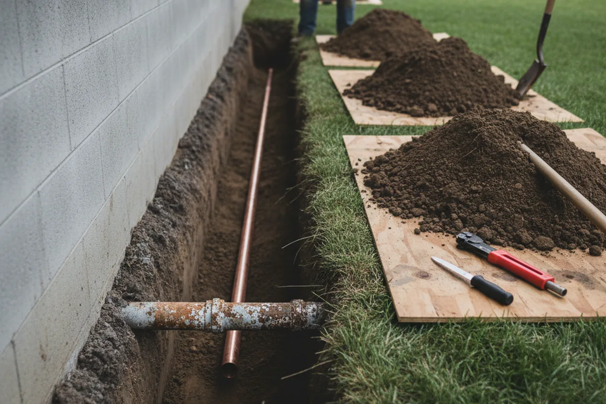 Excavated water line trench during Water Softener Installation in Booneville